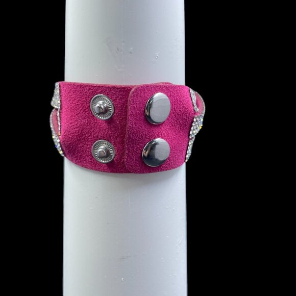 Pink Rhinestone Wrap Bracelet Crystal Cuff Faux Suede Y2K Festival Statement - Picture 7 of 9